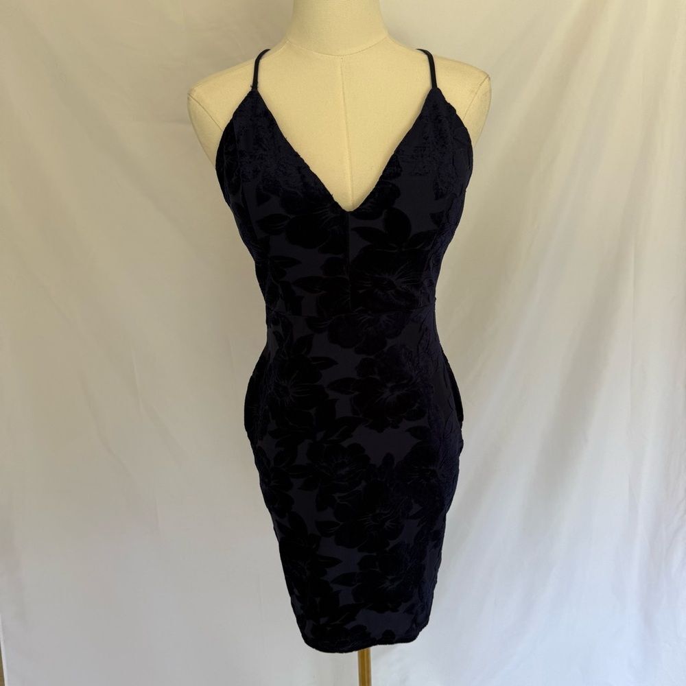 ​Papaya Navy Velvet Burnout Mini Dress Crisscross Back Bodycon Floral
